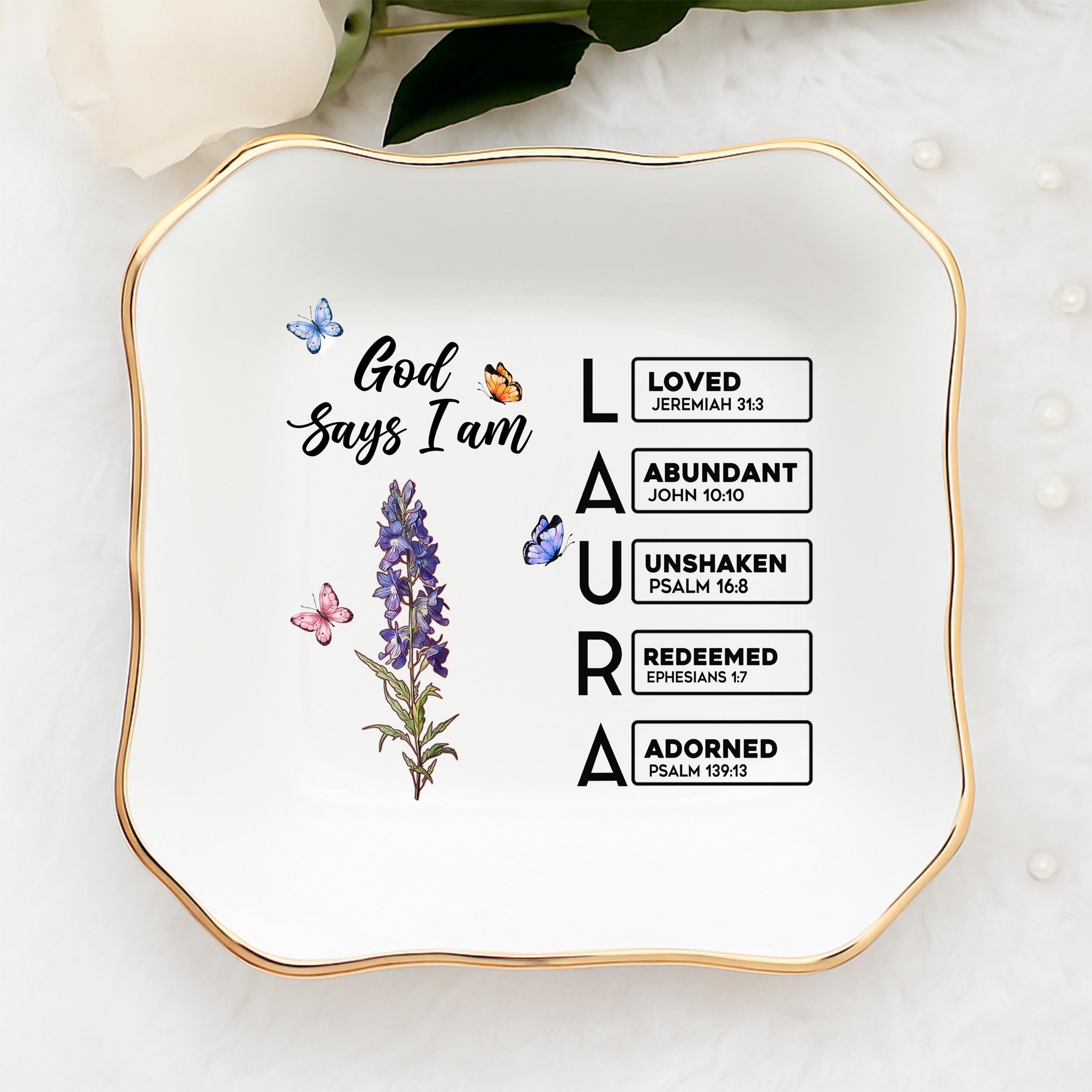 God Says I Am Name Letter In Bible Verse Jewelry Dish, Custom Scripture Gift for Women, Personalized Christian Jewelry Dish, Religious Gifts JDLAF03